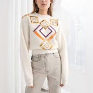 & OTHER STORIES Cream Embellished Sequin Beaded Crop Sweater Size XS